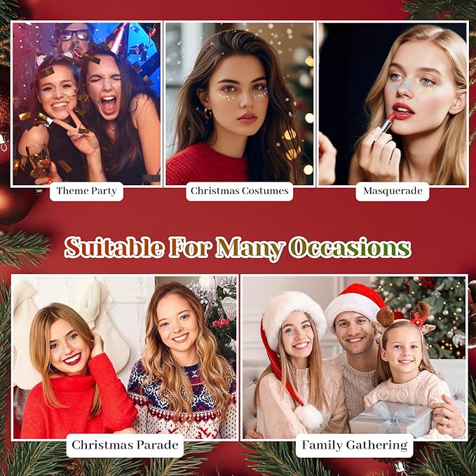 12Pcs Christmas Chameleon Glitter Freckles Face Tattoo, Holographic Multichrome Waterproof Glitter Speckles Patches, Long Lasting Temporary Tattoos Sticker Makeup for Christmas Party Makeup03