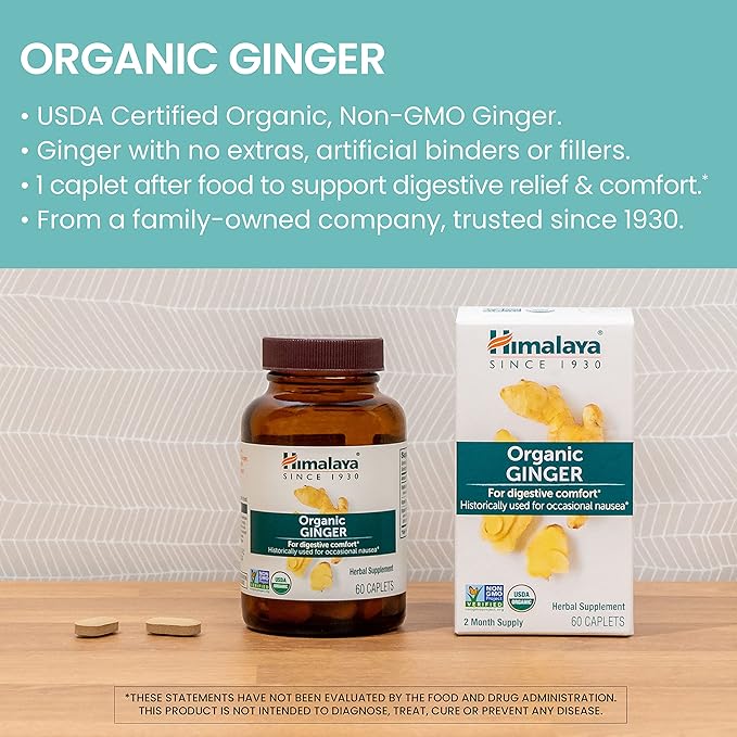 Himalaya Organic Ginger, 60 Day Supply - Digestive Health Supplement for Nausea, Upset Stomach Relief, and Occasional Bloating and Heartburn - USDA Organic, Vegan, Non-GMO, Gluten Free, 60 Caplets