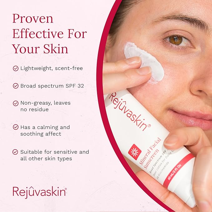 Rejuvaskin Mineral Facial Sunscreen, Broad Spectrum SPF 32 for Sensitive and Acne-Prone Skin, Oil-Free, 3.38 fl oz / 100ml