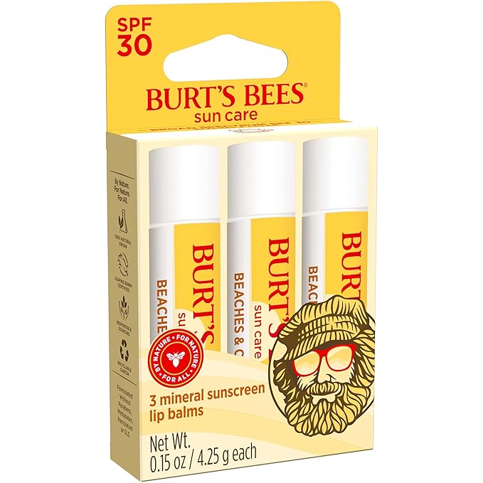 Burt’s Bees SPF 30 Lip Balm Mothers Day Gifts for Mom, Beaches and Cream, Water-Resistant Sun Care, Nano-Free Zinc Oxide Formula, Natural Origin Conditioning Lip Treatment, 3 Tubes, 0.15 oz.