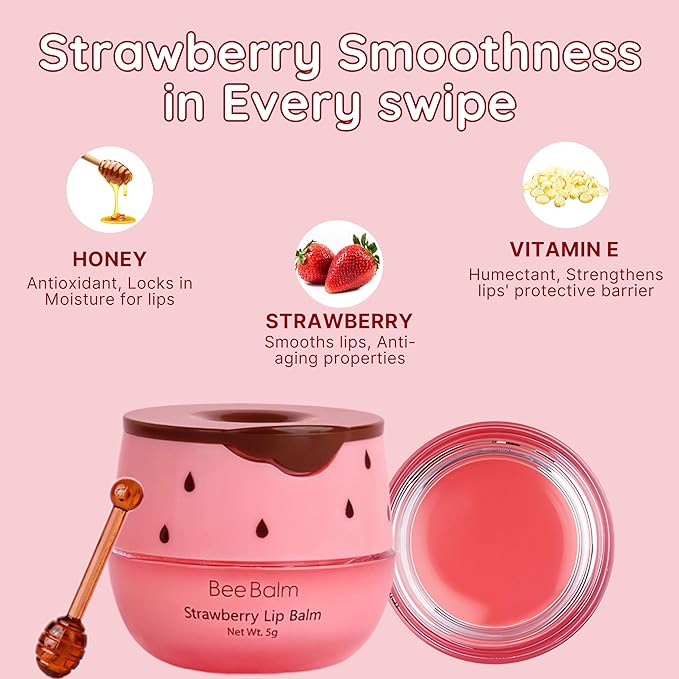 Original My Bee Balm Lip Balm - Strawberry Hydrating Balm Honey Pot for Dry, Chapped & Cracked Lips with Propolis, Honey & Vitamin E - Soften, Smooth & Reduce Lip Lines (Pack of 2)