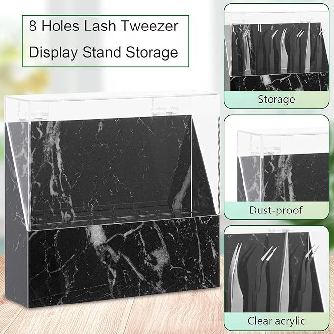 8 Holes Dust-proof Eyelash Tweezers Holder Case Acrylic Marble Tweezer Stand Display Organizer with Cover for Lash Extensions (black)