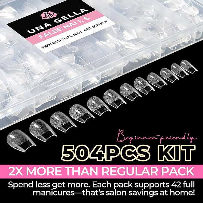 UNA GELLA Extra Short Coffin Nails Tips: 504pcs Pre-etched XS Short Nails, 12 Sizes Clear Coffin Press on Nails Full Cover Gel Tips Acrylic False Fake Nails Extension DIY Salon