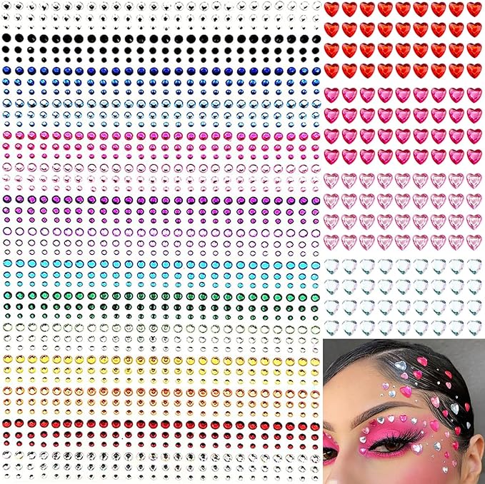 1269 Pieces Eye Face Gems Red Heart Gems Self-Adhesive Rhinestone Stickers for Makeup, Rainbow Glitters Jewels Face Stickers, for DIY Nail Body Accessories