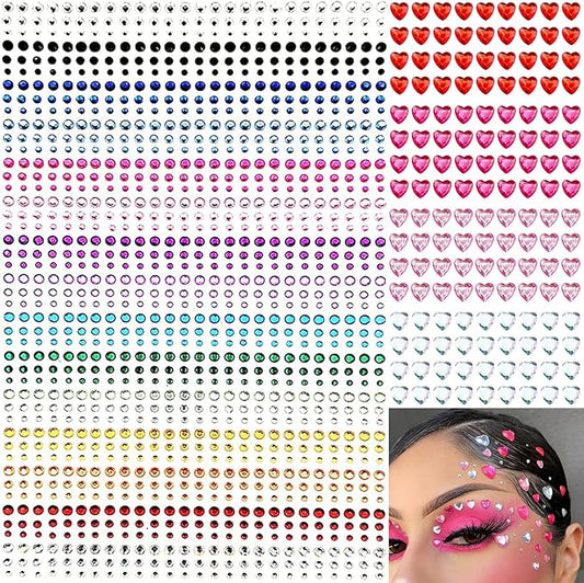 1269 Pieces Eye Face Gems Red Heart Gems Self-Adhesive Rhinestone Stickers for Makeup, Rainbow Glitters Jewels Face Stickers, for DIY Nail Body Accessories