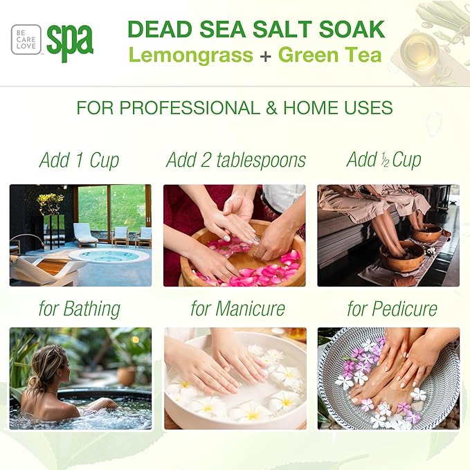 BCL SPA Dead Sea Salt Soak - Bath Salt with Organic Lemongrass + Green Tea, Shae Butter, Arnica, Aloe Vera Juice, Chamomile, Argan Oil & Jojoba Oil - Skin Exfoliator - Home/Professional Use 16 fl oz