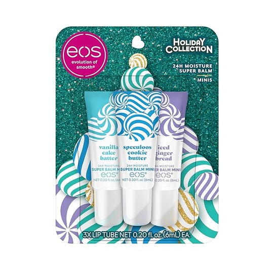 eos Holiday 24H Moisture Mini Super Balm Set- Speculoos Cookie Butter, Iced Gingerbread, Vanilla Cake Batter, Limited-Edition Lip Care, Stocking Stuffers, 0.20 fl oz, 3-Pack