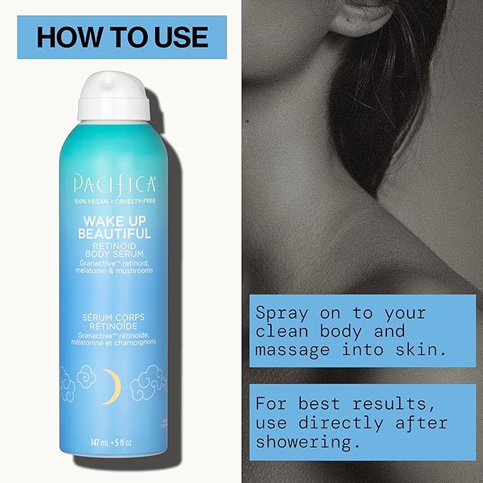 Pacifica Spray Lotion for Body - Wake Up Beautiful Body Serum – Overnight Retinoid Body Treatment, Spray-On Hydrating Serum with Granactive Retinoid, Mushrooms & Melatonin, Plumps & Renews Skin, Vegan