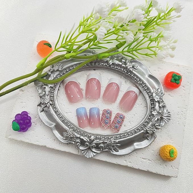 Spring Press on Nails Medium Square Fake Nails with 3D Flower Pearl Designs White French Tip Nails Press ons Glossy Glue on Nails Blue Gradient Acrylic Nails Nude Stick on Nails for Women 24Pcs