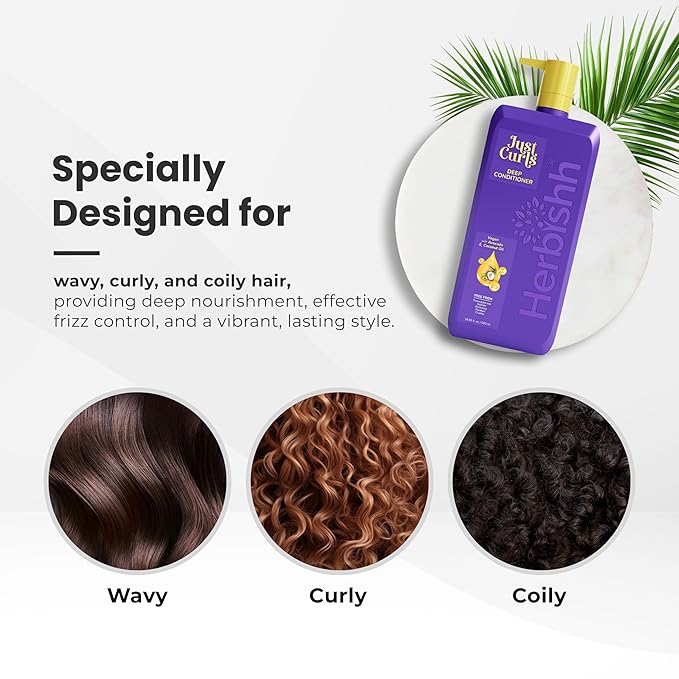 Herbishh Just Curls Deep Conditioner for Curly, Wavy Hair, 500ml, Avocado & Coconut Oil, Vegan, Curlfaction & Dry Damaged, Detangler