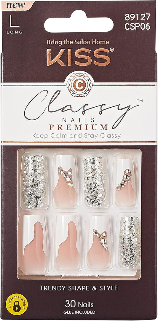 KISS Premium Classy Fake Nails - Stay Modish, Long & Square, Super Glam, Jewel Accents, Waterproof, Smudge Proof, No Dry Time, Durable, Takes Minutes, Quick & Easy | 30 Count