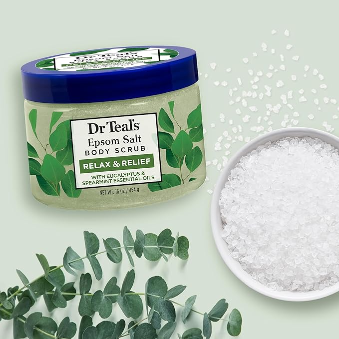 Dr Teal's Pure Epsom Salt Body Scrub, Relax & Relief with Eucalyptus & Spearmint Essential Oils, 16 oz (Pack of 3)