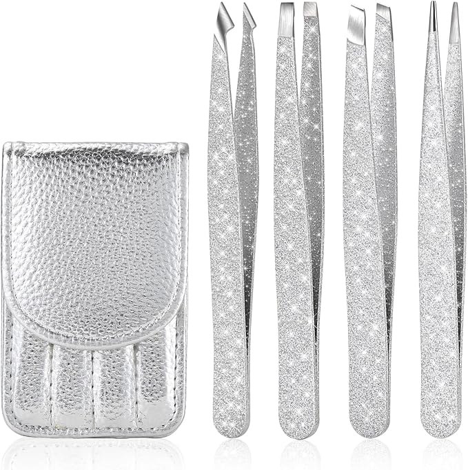 4-Pcs Glitter Stainless Steel Precision Tweezer Set for Eyebrows, Ingrown Hair & Lash Extensions (Bright Silver)