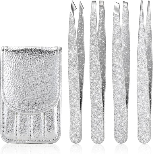 4-Pcs Glitter Stainless Steel Precision Tweezer Set for Eyebrows, Ingrown Hair & Lash Extensions (Bright Silver)