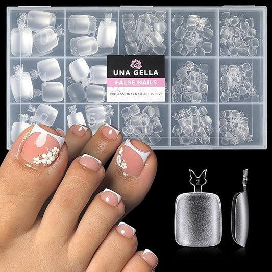 UNA GELLA Toe Nail Tips 312 Pcs Square Round Full Cover Fake Toe Nails Press On Clear 15 Sizes Pre-shape Soft Gel Toe Nail Tips Double Matte Acrylic Toenails for Nail Extensions DIY Home Nail Salon