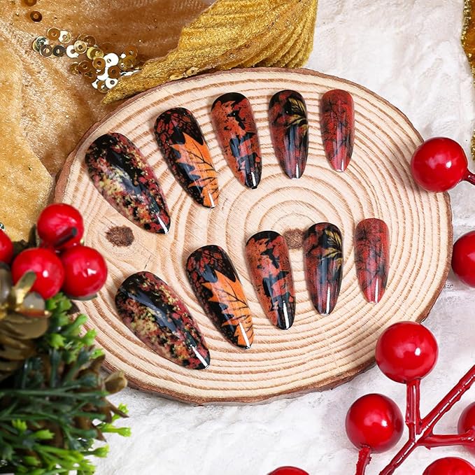 24Pcs Fall Press on Nails Medium Almond Fake Nails Maple Leaf False Nails Autumn Full Cover Acrylic Nail Maple Leaves Glue on Nails Reusable Thanksgiving Artificial Nail Supplies for Women