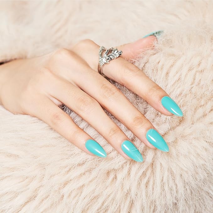 WOOYAS Press on Nails Medium-Trquoise Solid Color Glossy Fake Nails Press Ons Almond Shape, Glue on Nails for Women and Girls Daily Wear in 24PCS