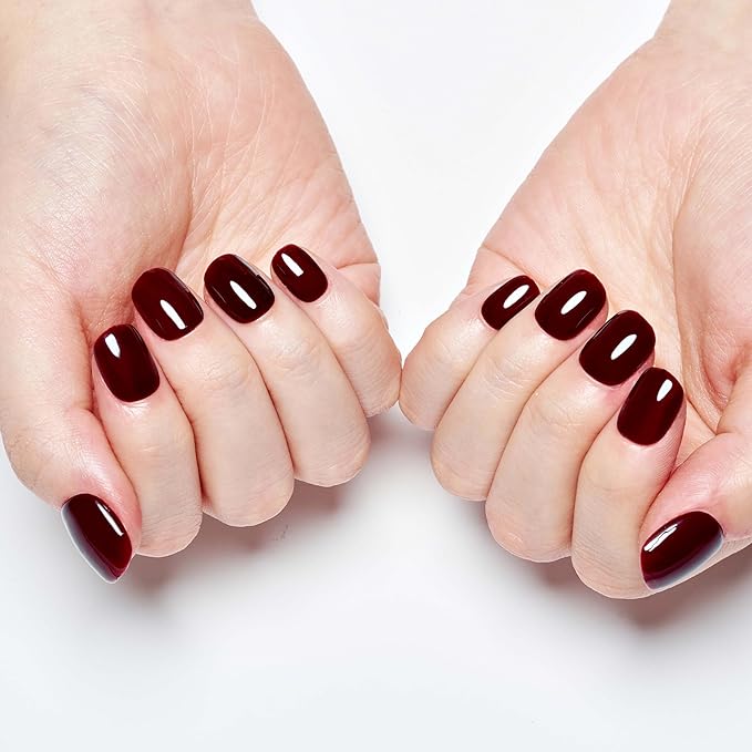 GLAMERMAID Extra Short Press on Nails 24PCS, Handmade Gothic Burgundy red Jelly Fall Gel Glue on Nails, Glossy Round Reusable UV Finish Fake Nails Acrylic False Nails Manicure Kits for Women