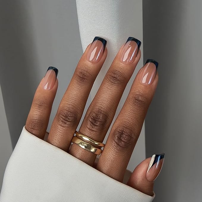 BTArtbox Press on Nails Short Square - Black Chrome French Tip Press On Nails, Glazed Glue On Nails for Women Gifts, Natural Stick On Nails in 15 Sizes - 30 Fake Nails Kit, Braveheart