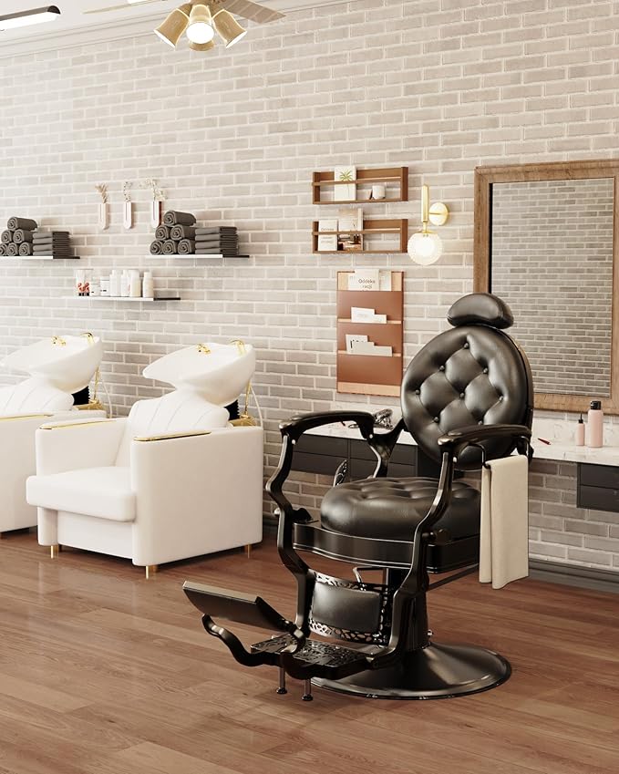 Baasha Classic All-Black Barber Chair, Retro Reclining Salon Chair with Thick Padding & Adjustable Headrest, Heavy-Duty Construction, Tattoo & Hair Chair