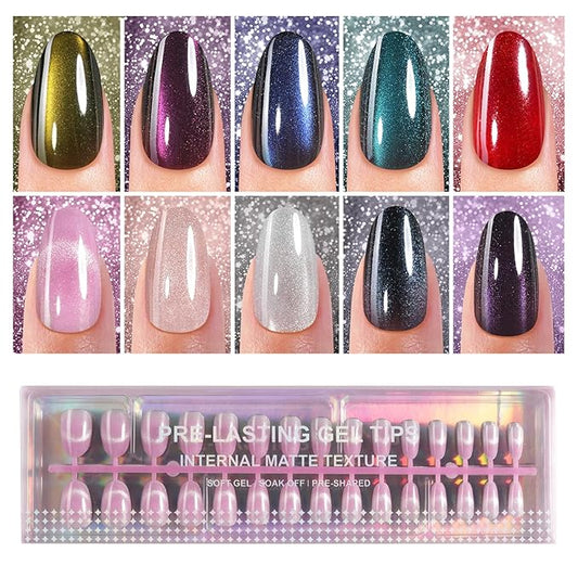 Cat Eye Press on Nails, 300Pcs Short Oval Cat Eye Nail Tips, Glossy Glitter Soft Gel Fake Nails for Women and Girls Stick On Nails in 15 Sizes