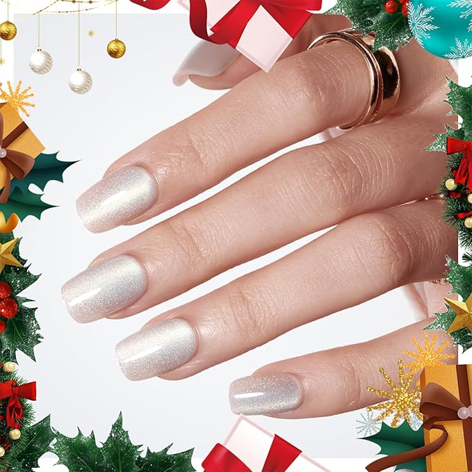 Modelones Cat Eye Press on Nails Short, Christmas Square Fake Nails, Reusable Nail Kit with Nail Glue Adhesive Tabs Mini Nail File, Nails Press Ons 32Pcs 16Sizes, Women Girl Gift