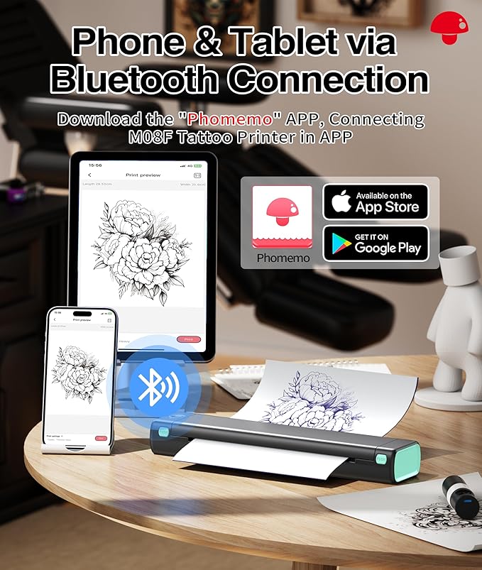 Phomemo Wireless Tattoo Stencil Printer, with Storage Case & 10 Pcs Tattoo Transfer Paper, Bluetooth Transfer Printer for Artists, Beginners, Compatible with Phone & PC