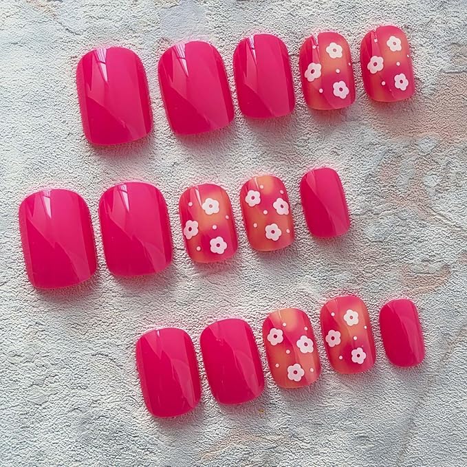 Spring Press On Nails Short Square Fake Nails Flower With Ombre Design Rose Pink False Nails Summer Glue On Nails Acrylic Full Cover Artificial Nails Stick On Nails For Women Manicure 24pcs