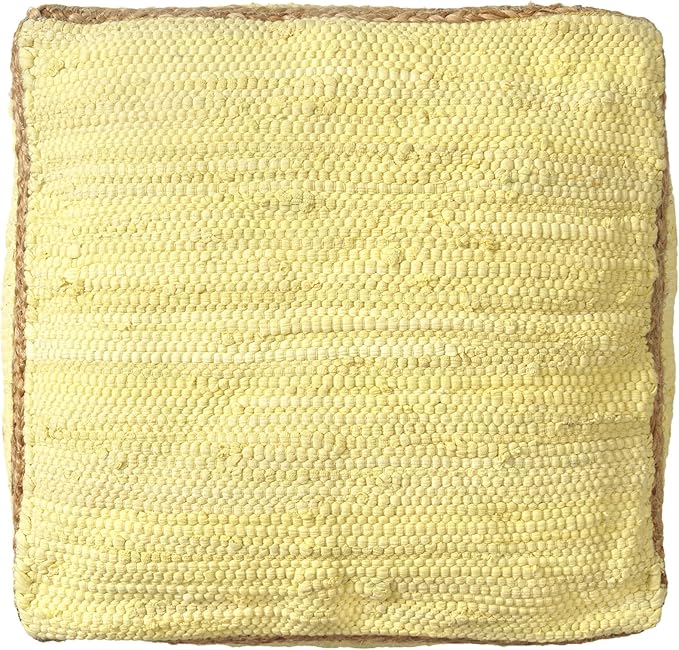 LR Home Dusky Citron Bordered Transitional Hand-Loomed Cotton Pouf with Jute Braid | Farmhouse Cube Foot Rest for Bedroom & Living Room Decor | 18 x 18 x 18 Stuffed Ottoman for Seating