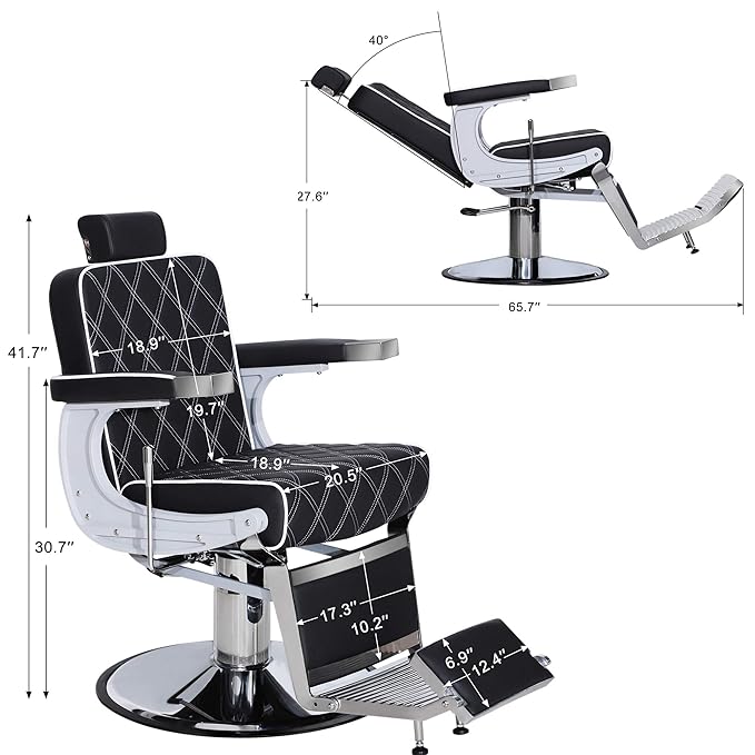 BarberPub Heavy Duty Metal Vintage Barber Chair All Purpose Hydraulic Recline Salon Beauty Spa Shampoo Equipment 3825 (Black with White Stitches)