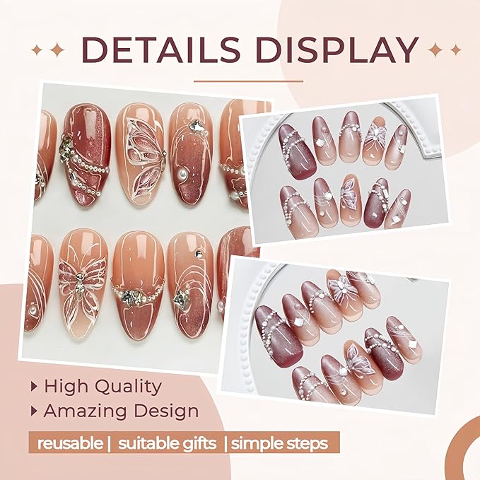 24Pcs Pearl Chains Press on Nails Medium Almond Fake Nails with Silver Rhinestone Beads Butterfly Design Pink Glue on Nails Glossy Artificial Acrylic Nails Full Cover Stick on Nail for Women Manicure