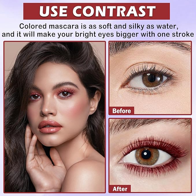 Burgundy Mascara and Eyeliner Set,Natural Curling Red Mascara for Eyelashes,Volumizing Lengthening máscara de pestañas Waterproof,5D Colored Eye Makeup