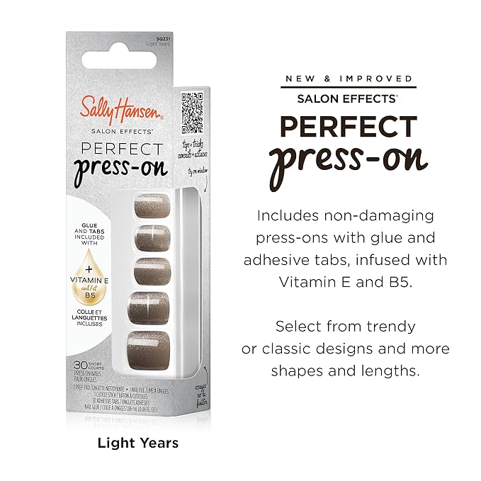Sally Hansen Salon Effects Perfect Press-On Nails | Square Shape | Easy to Apply, Non-Damaging | 30 Nails, Nail Glue, Adhesive Tabs, File | Light Years