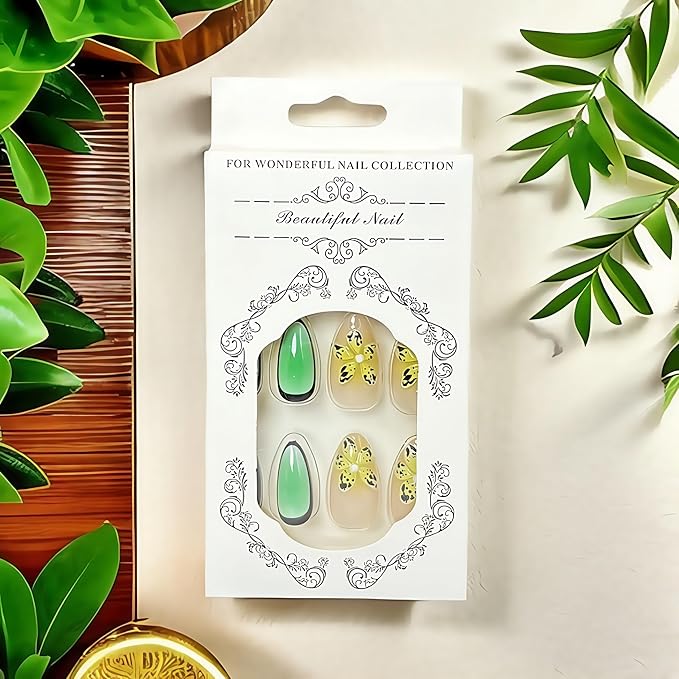 3D Flower Press on Nails Green French Tips Fake Nails Medium Almond False Nails Tropical Flowers Ombre Stick on Nails 3D Yellow Flowers Floral Design False Nails Glue on Nails for Women Girls 24Pcs