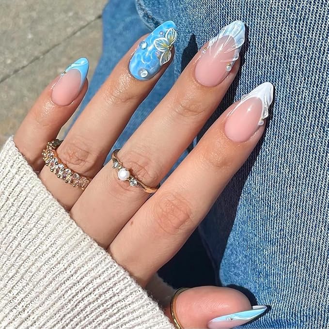 Summer Almond Medium Press on Nails with 3D Flower Shell Designs Nude Nails Press ons Glossy Glue on Nails Light Blue Acrylic Nails Full Cover Artificial Stick on Nails Reusable for Women 24Pcs