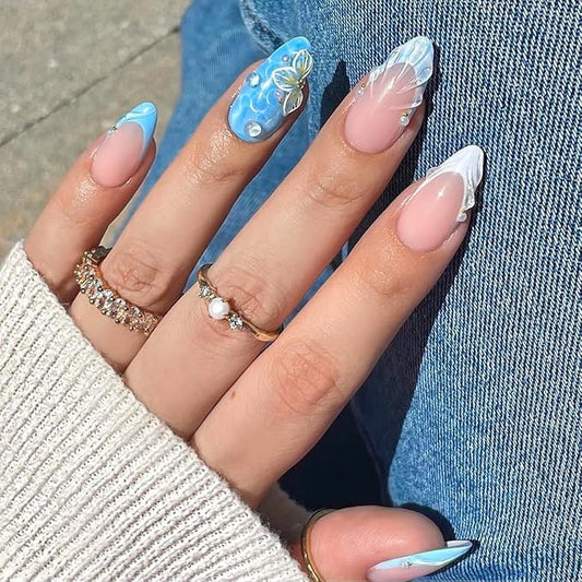 Summer Almond Medium Press on Nails with 3D Flower Shell Designs Nude Nails Press ons Glossy Glue on Nails Light Blue Acrylic Nails Full Cover Artificial Stick on Nails Reusable for Women 24Pcs