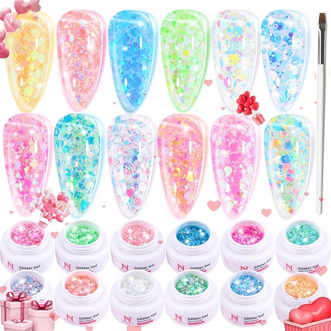 Glitter Gel Nail Polish Set -12 Colors Sparkle Sequins Gel Polish Resplendent Colorful Trendy Translucent Glitter Solid Nail Polish Kit Soak Off UV LED for Home DIY Salon with Brush