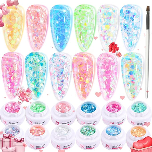 Glitter Gel Nail Polish Set -12 Colors Sparkle Sequins Gel Polish Resplendent Colorful Trendy Translucent Glitter Solid Nail Polish Kit Soak Off UV LED for Home DIY Salon with Brush