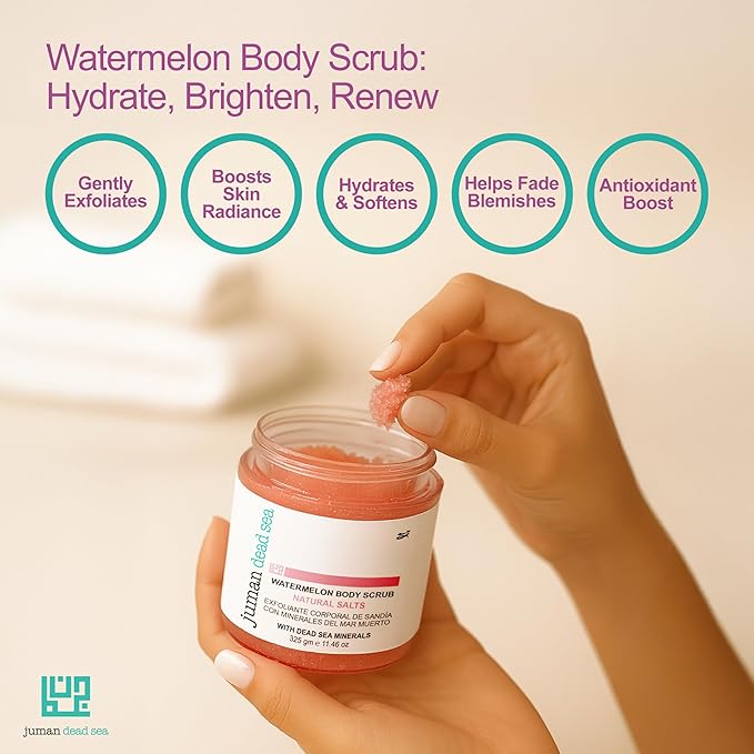 Juman Dead Sea Minerals Watermelon Body Scrub | Infused with Shea and Cocoa Butter | Removes Dead Skin Cells and Rejuvenate Dull Skin | SlS & Paraben Free | Vegan | 11.46 Oz