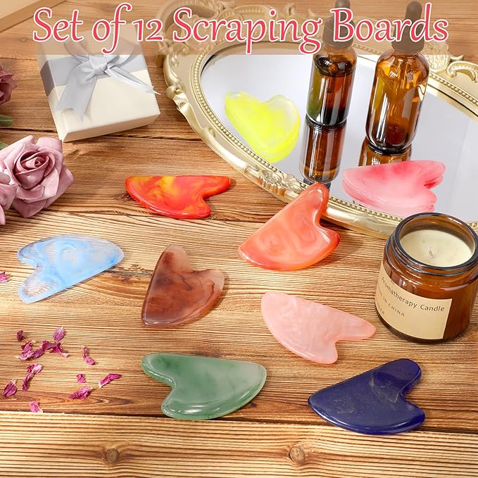 Sherr 12 Pcs Gua Sha Facial Tools Resin Heart Shaped Massage Guasha Tool for Face Guasha Board for Spa Women Body Skin Care Reduce Muscle Tensions, 12 Colors(Fresh Color)