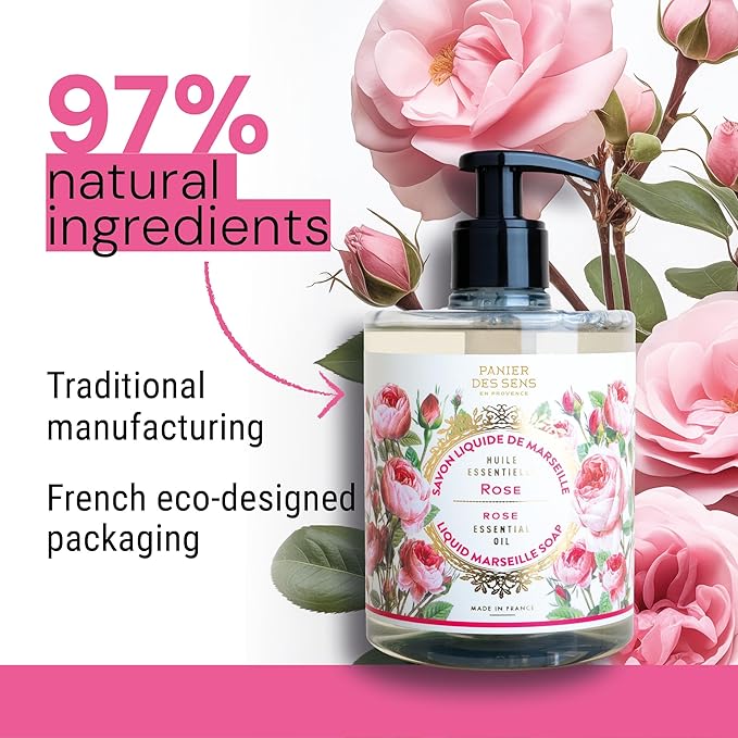 Panier des Sens Moisturizing Hand Soap - Rose Floral, Feminine Fragrance - French Traditional Savon de Marseille Soap - Refillable Kitchen & Bathroom Soap - 16.9 Fl.oz Liquid Hand Wash 97% Natural