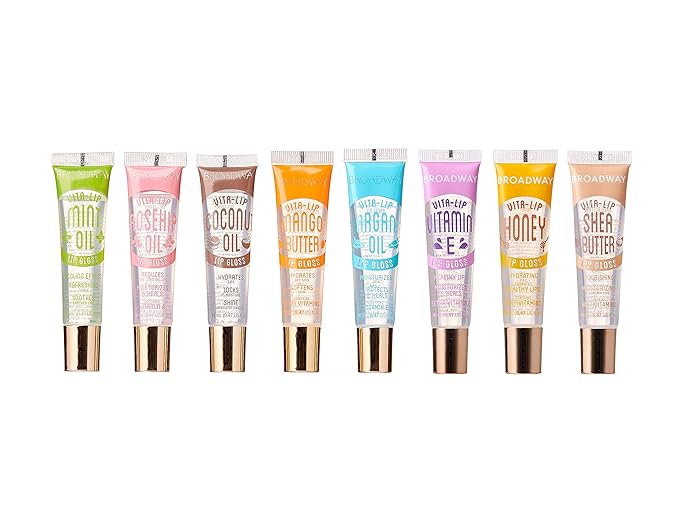 Ruby Kisses Broadway Vita-Lip Clear Lip Gloss (8 Pack), Ultra-Hydrating & Soothing Formula with Vitamins, High-Shine Non-Sticky Finish Lip Balm with Mint, Rosehip, Coconut, Mango, Argan, Honey, Shea
