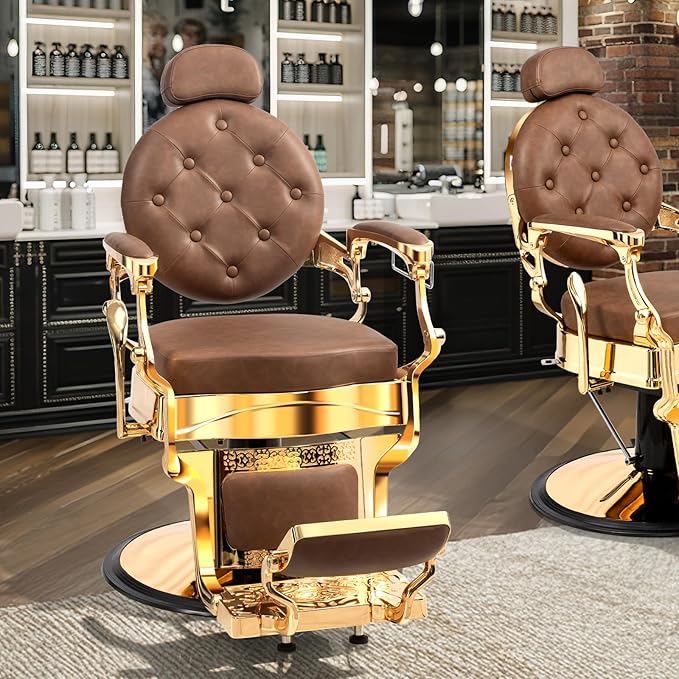 OmySalon Retro Barber Chair Heavy Duty, Aluminum Alloy Frame, Adjustable Headrest, Extra Wide Footrest, Hydraulic Salon Chair for Hair Stylist Reclining All Purpose for Beauty Spa Shampoo, Brown Gold