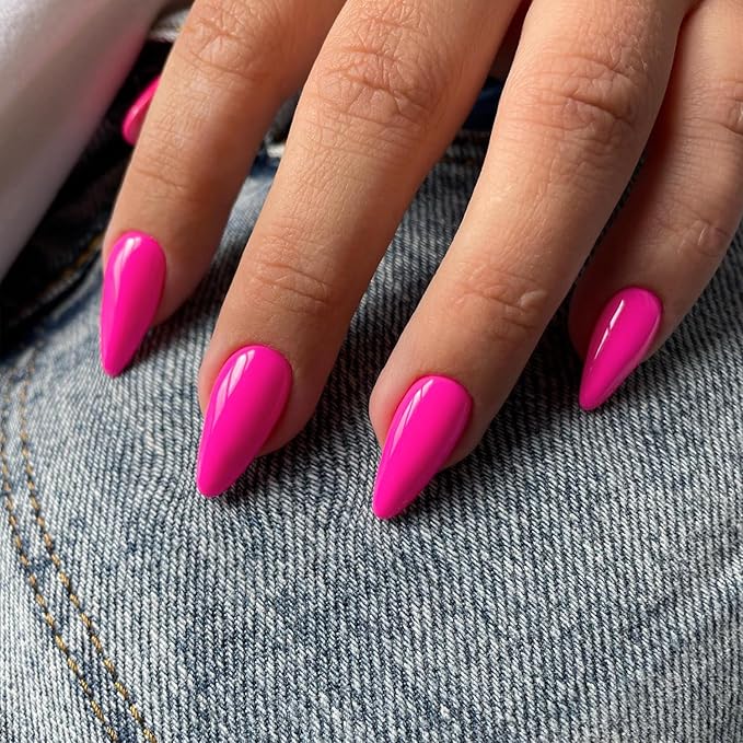 48Pcs Hot Pink Press on Nails Almond Fake Nails Glue on Medium Length Almond Shaped Nails Press ons, Stiletto False Nail for Women Neon Pink Medium, Thick Natural Acrylic Gel Nail