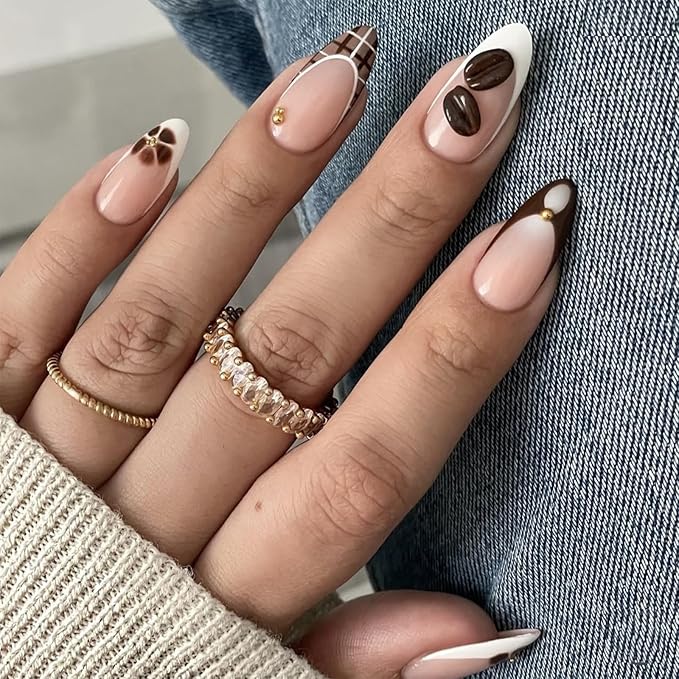 Fall French Tip Press on Nails Medium Almond Fake Nails with 3D Coffee Beans Design Glossy Nude Acrylic False Nails Brown Flower Glue on Nail Full Cover Artificial Stick on Nail for Women 24Pcs