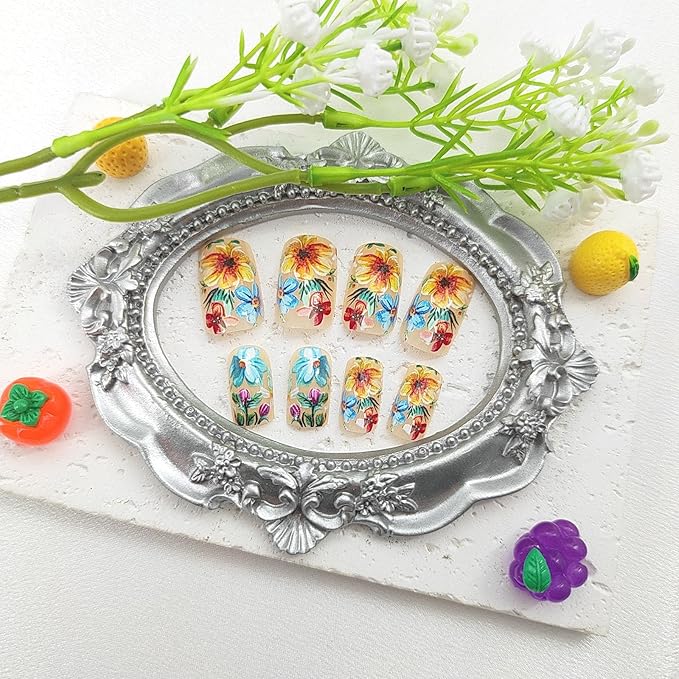 Square Press on Nails Medium False Nails with Colorful Flower Designs Spring Fake Nails Nude Nails Press ons Glossy Glue on Nails Summer Acrylic Nails Artificial Stick on Nails for Women 24Pcs