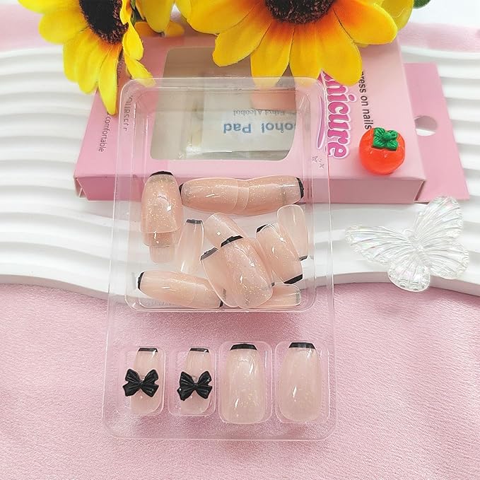 Short Press on Nails Coffin Fake Nails with 3D Bow Designs Black French Tip Nails Press ons Glossy Glue on Nails Nude Acrylic Nails Cute False Nails Artificial Stick on Nails for Women 24Pcs