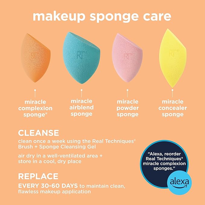 Real Techniques Miracle Complexion Sponge + Concealer Sponge Duo, Makeup Blending Sponges For Foundation & Concealer, Offers Light To Medium Coverage, Natural, Dewy Makeup, Latex-Free Foam 2 Count