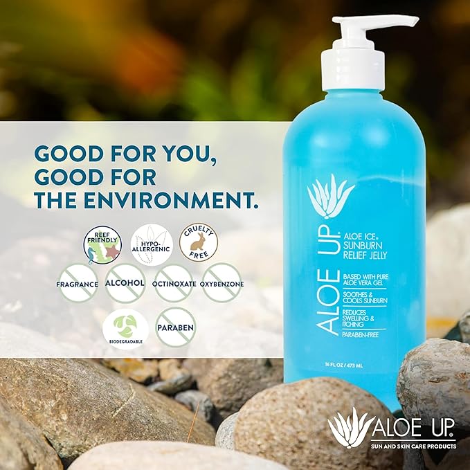 Aloe Ice Sunburn Relief Jelly – Face and Body Organic After Sun Gel – with 96.6% Pure Aloe Vera Gel – Reef Safe – Alcohol- and Fragrance Free – 16oz