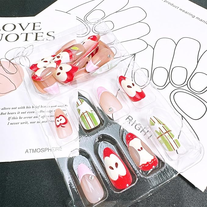 30 Pcs Fruit Press on Nails Medium Almond Fake Nails with Apple Star Designs Pink French Tip False Nails Fruit Acrylic Nail Tips Cute Full Cover Stick on Nails for Women Summer Fall Nail Decoration